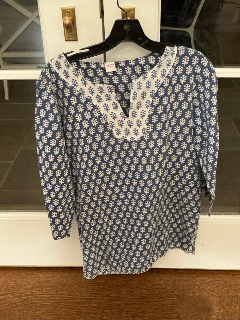 Blue & White Printed V-Neck Tunic Top